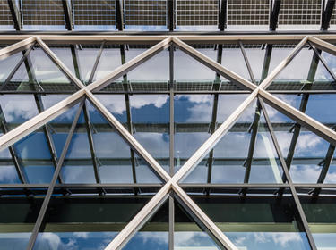 Steel rafters under a glass roof