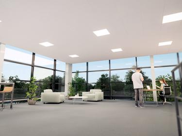 Rendering of a lounge area inside a warehouse