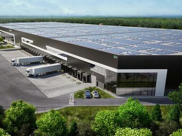 Rendering of a warehouse with solar panels on the roof