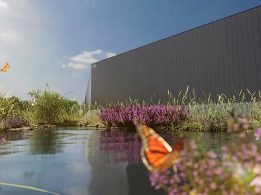 rendering of a warehouse in the background, a lake in front and a butterfly sitting on the water